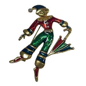 Jester Clown‎ Enamel Rhinestone Umbrella Gold-Tone Pin Brooch Jewelry Vintage